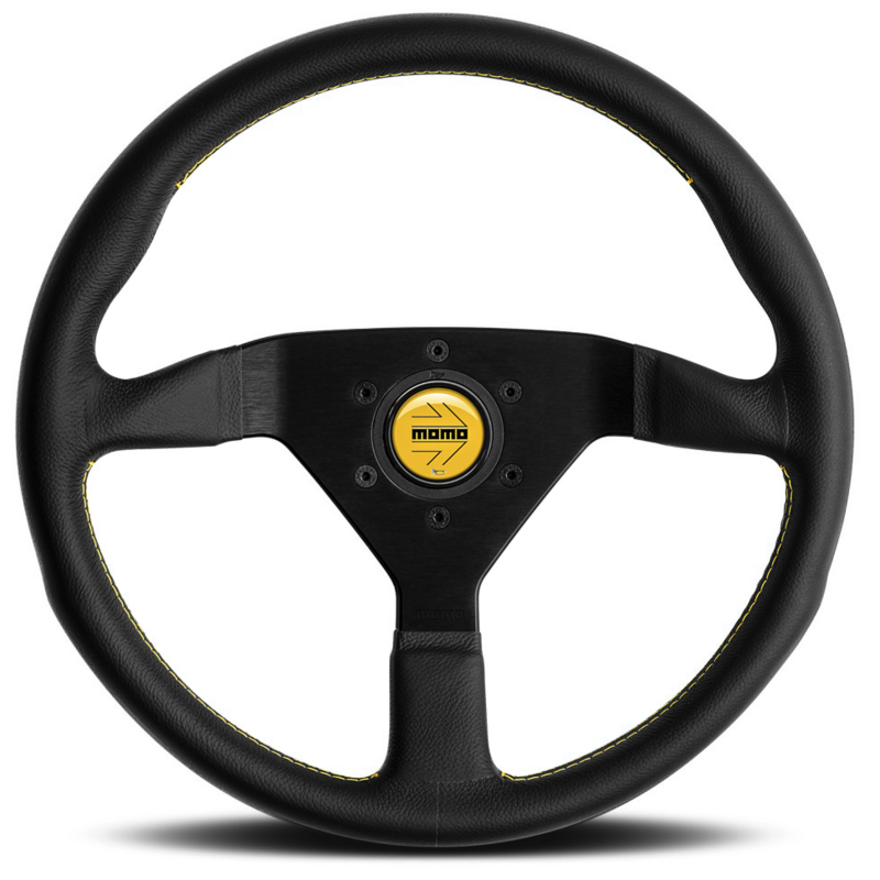 Volant Momo Montecarlo Tulipé (40 mm), Cuir Noir, Coutures Jaunes - 35 cm